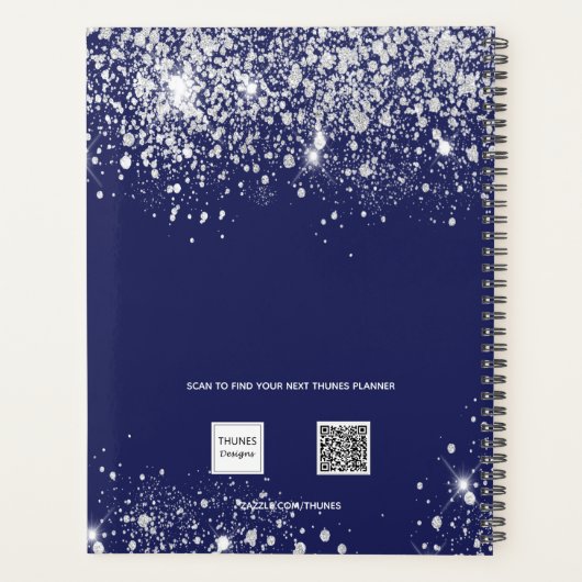 Navy blue zilverglitter monogram naam 2023 planner (Achterkant)