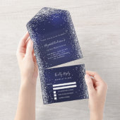Navy blue zilverglitter verjaardag rsvp all in one uitnodiging (Afscheurbaar)