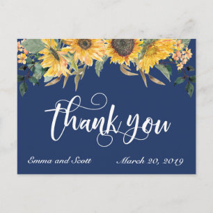 Navy Blue Zonnebloem Dank je Trouwscript Briefkaart