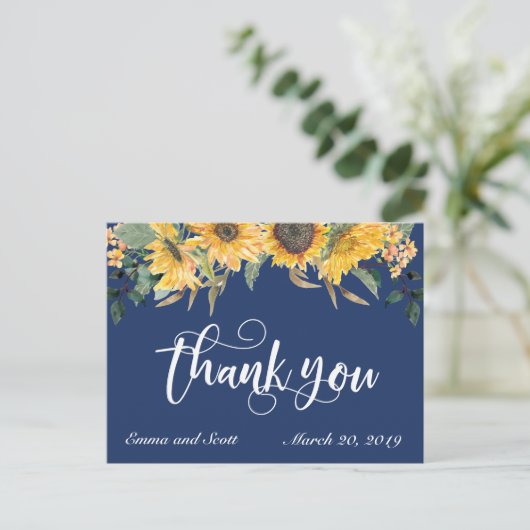 Navy Blue Zonnebloem Dank u bruiloft script Briefkaart (Staand voorkant)