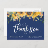 Navy Blue Zonnebloem Dank u bruiloft script Briefkaart (Voorkant / Achterkant)