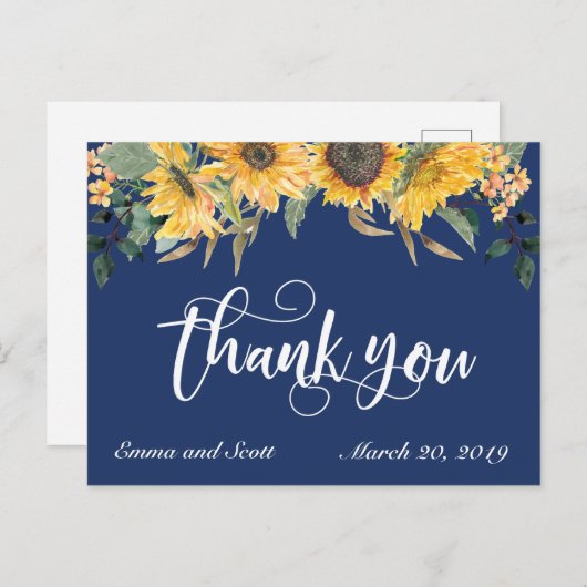 Navy Blue Zonnebloem Dank u bruiloft script Briefkaart (Voorkant / Achterkant)