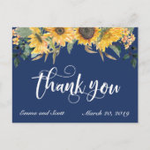 Navy Blue Zonnebloem Dank u bruiloft script Briefkaart (Voorkant)