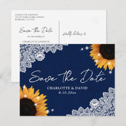 Navy Blue Zonnebloem Lace Wedding Save The Date Aankondigingskaart (Voorkant / Achterkant)