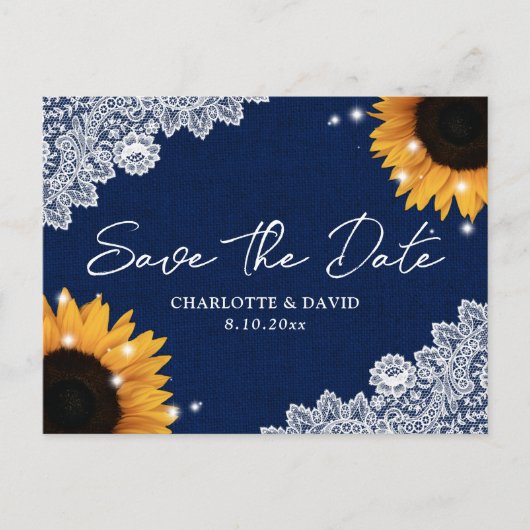 Navy Blue Zonnebloem Lace Wedding Save The Date Aankondigingskaart (Voorkant)