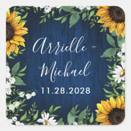 Navy Blue Zonnebloem Rustieke bruiloft gunsten Sti Vierkante Sticker