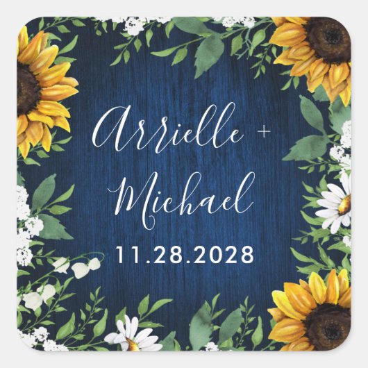 Navy Blue Zonnebloem Rustieke bruiloft gunsten Sti Vierkante Sticker (Voorkant)