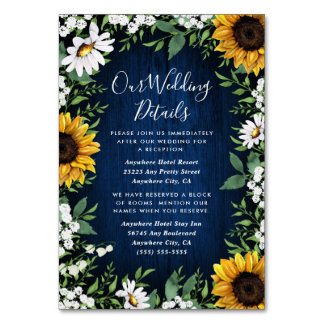 Navy Blue Zonnebloem Rustieke bruiloft Insert Kaar Kaart