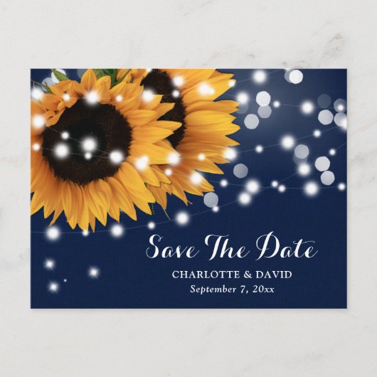Navy Blue Zonnebloem String Lights Wedding Aankondigingskaart (Voorkant)