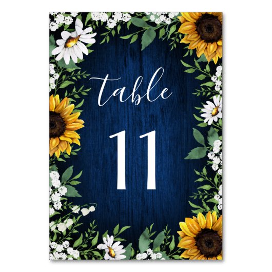 Navy Blue Zonnebloem Trouwtafel Nummer Kaarten (Voorkant)