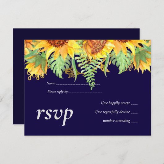 Navy Blue Zonnebloemen Huwelijk Modern Budget Uitnodiging Briefkaart (Voorkant / Achterkant)