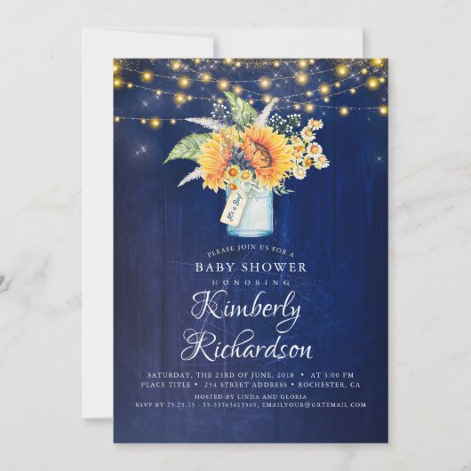 Navy Blue Zonnebloemen Rustieke Herfst Baby shower Kaart (Voorkant)
