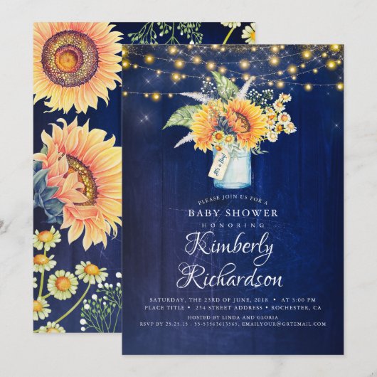 Navy Blue Zonnebloemen Rustieke Herfst Baby shower Kaart (Voorkant / Achterkant)