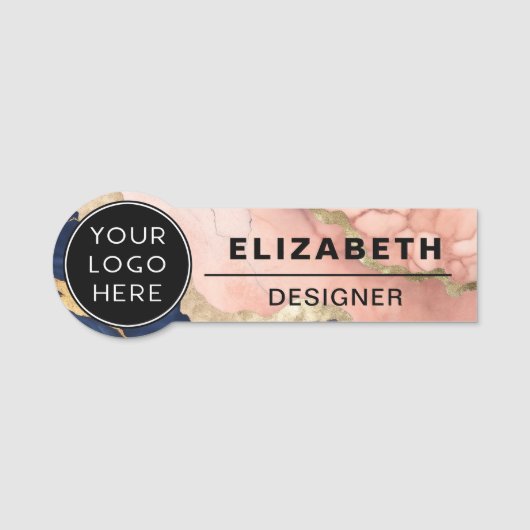 Navy Blush Agate Company Logo Medewerker Naamplaatje (Voorkant)