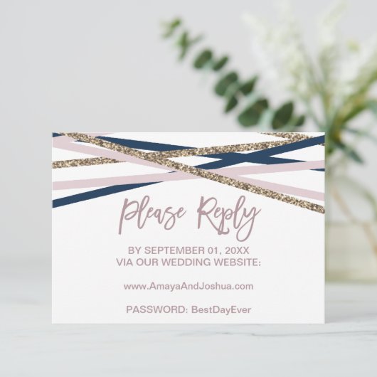 Navy Blush and Gold Streamers Online RSVP-kaart RSVP Kaartje (Staand voorkant)
