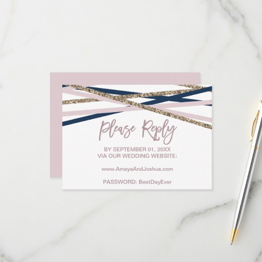 Navy Blush and Gold Streamers Online RSVP-kaart RSVP Kaartje (Voorkant / Achterkant in situ)