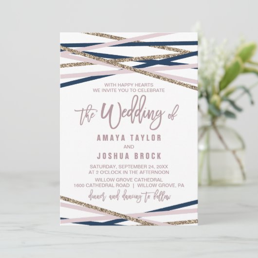 Navy Blush and Gold Streamers The Wedding of Kaart (Staand voorkant)