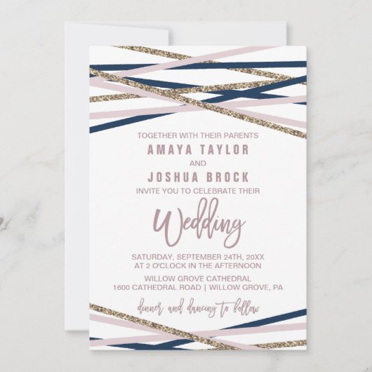 Navy Blush and Gold Streamers Wedding Kaart (Voorkant)