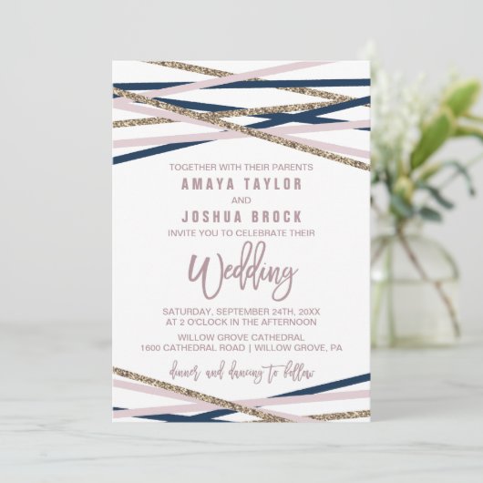 Navy Blush and Gold Streamers Wedding Kaart (Staand voorkant)