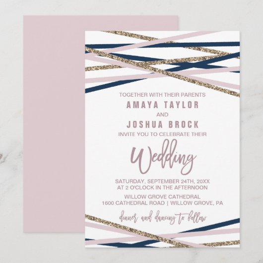 Navy Blush and Gold Streamers Wedding Kaart (Voorkant / Achterkant)