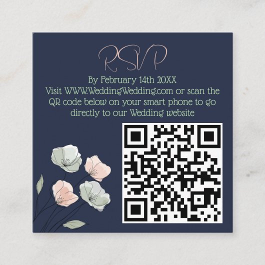 Navy Blush and Sage Floral Wedding QR Code Informatiekaartje (Voorkant)