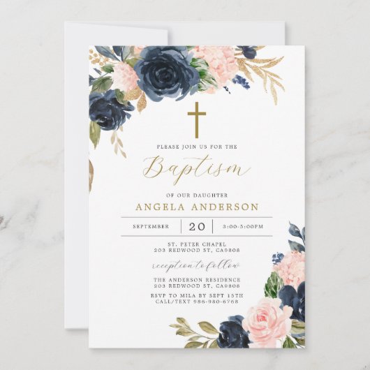 Navy Blush Baptism/Christening Invitation Kaart (Voorkant)