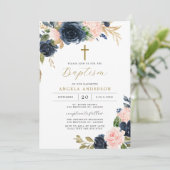 Navy Blush Baptism/Christening Invitation Kaart (Staand voorkant)