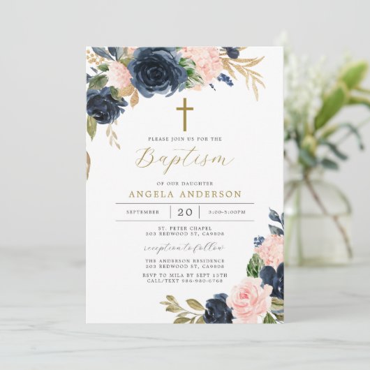 Navy Blush Baptism/Christening Invitation Kaart (Staand voorkant)