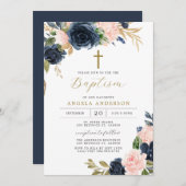 Navy Blush Baptism/Christening Invitation Kaart (Voorkant / Achterkant)