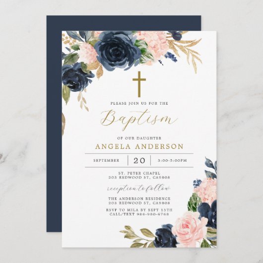 Navy Blush Baptism/Christening Invitation Kaart (Voorkant / Achterkant)
