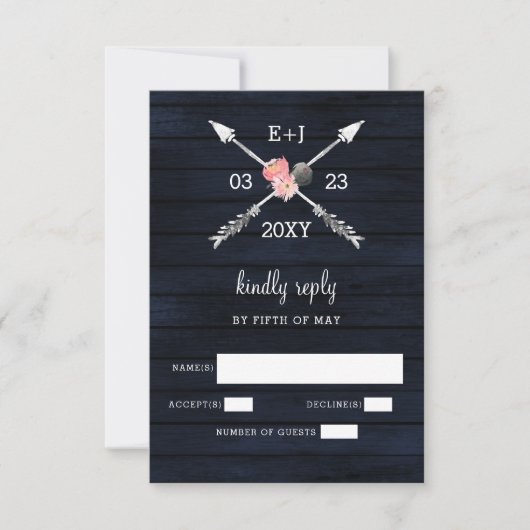 Navy Blush Barn - houtsjechische bruiloft RSVP Kaartje (Voorkant)