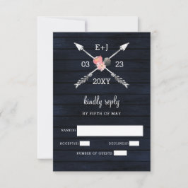 Navy Blush Barn - houtsjechische bruiloft RSVP Kaartje