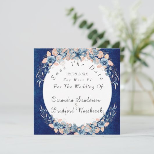 Navy Blush Beach Waterverf Shell Flower Wedding Save The Date (Staand voorkant)