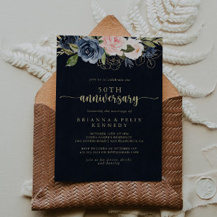 Navy Blush Bloem Goud 50ste Huwelijksjubileum  Kaart