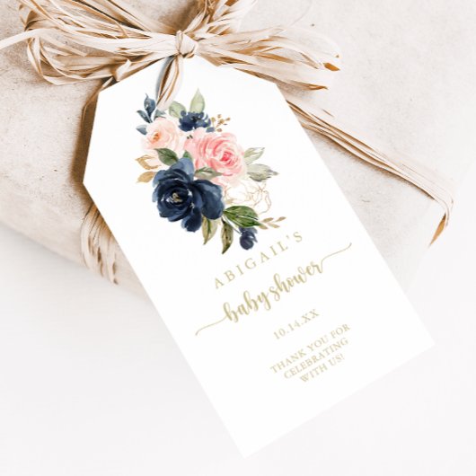 Navy Blush Bloem Goud Baby Shower Cadeaulabel