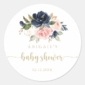Navy Blush Bloem Gouden Baby Shower Favor  Ronde Sticker (Voorkant)