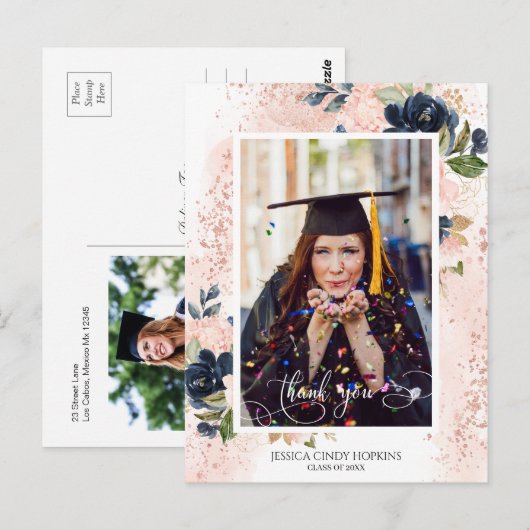Navy Blush Bloemen Afstuderen Foto Dank u Briefkaart (Voorkant / Achterkant)