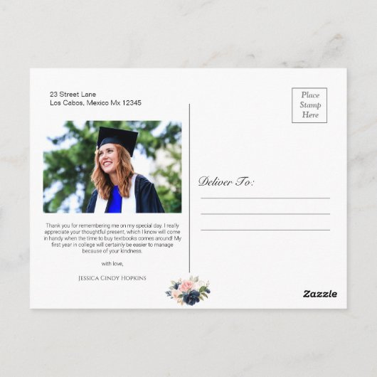 Navy Blush Bloemen Afstuderen Foto Dank u Briefkaart (Achterkant)