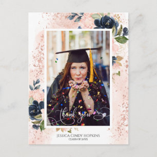 Navy Blush Bloemen Afstuderen Foto Dank u Briefkaart
