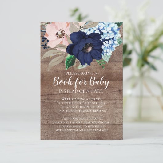 Navy & Blush Bloemen Baby shower Boek voor Baby Informatiekaartje (Staand voorkant)