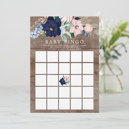 Navy & Blush Bloemen BINGO Baby shower spel Kaart (Staand voorkant)