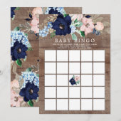 Navy & Blush Bloemen BINGO Baby shower spel Kaart (Voorkant / Achterkant)