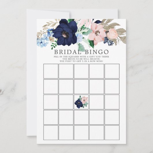 Navy & Blush Bloemen BINGO Vrijgezellenfeest Game Kaart (Voorkant)