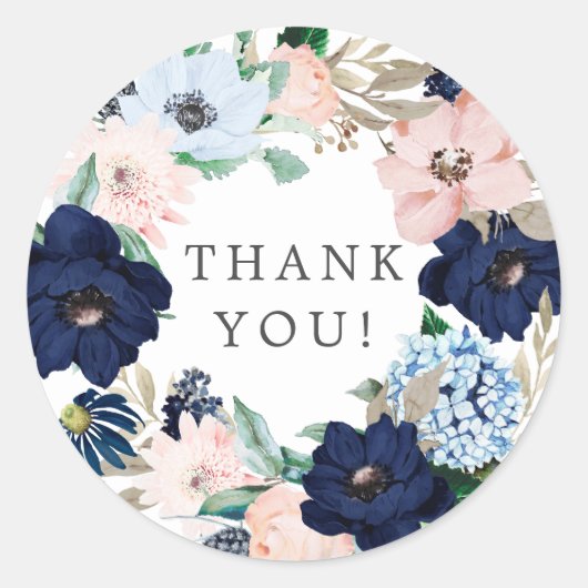Navy & Blush Bloemen Bruiloft Dank Je Wel Favor St Ronde Sticker (Voorkant)