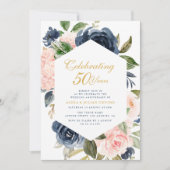 Navy & Blush Bloemen bruiloft Jubileum Uitnodiging (Voorkant)
