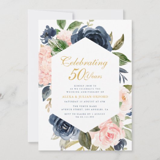 Navy & Blush Bloemen bruiloft Jubileum Uitnodiging (Voorkant)