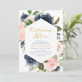 Navy & Blush Bloemen bruiloft Jubileum Uitnodiging (Staand voorkant)