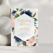 Navy & Blush Bloemen bruiloft Jubileum Uitnodiging