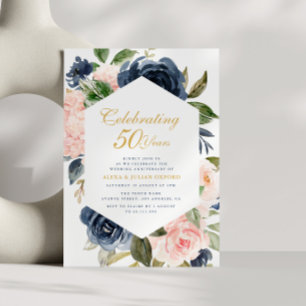 Navy & Blush Bloemen bruiloft Jubileum Uitnodiging