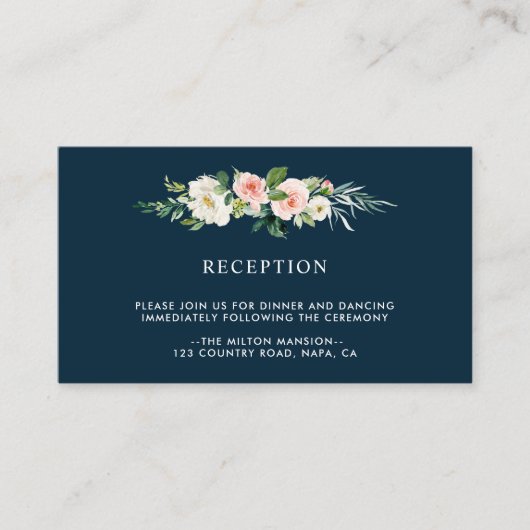 Navy Blush Bloemen Bruiloft Receptie Informatiekaartje (Voorkant)